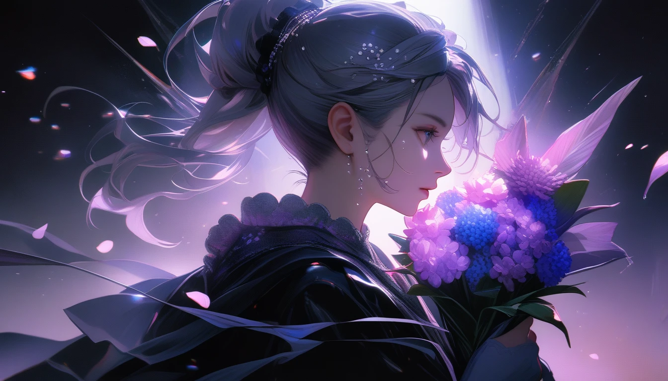 Delicate bouquet of hyacinths, Ultra-transparent, holy Light, beautiful spectral Light, Petals Shine, Blink, Dark Background, transparent Light drops, reflective Light, bright, Light flowing in, Optics, Portrait Profile, Sharp focus, Magic, Complex, Ultra-realistic, Fantasy, composition, Light, Art Station Trends, Pearl, Silvery Steam Guardian Cloud, Corrosive envelope group, 8k, ureal air 23v4 upLight,