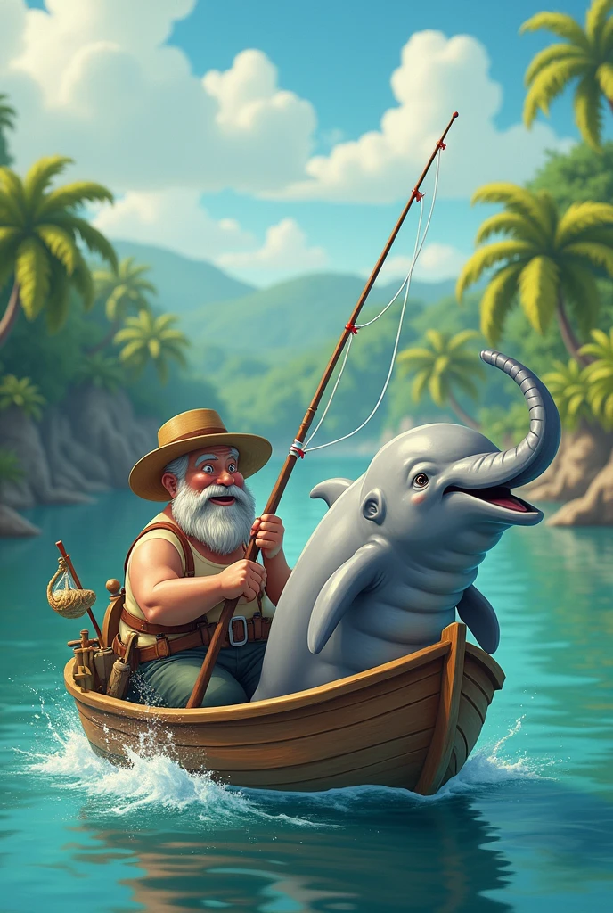 Make me a picture, a fat man is fishing and gets a dolphin with an elephant's head