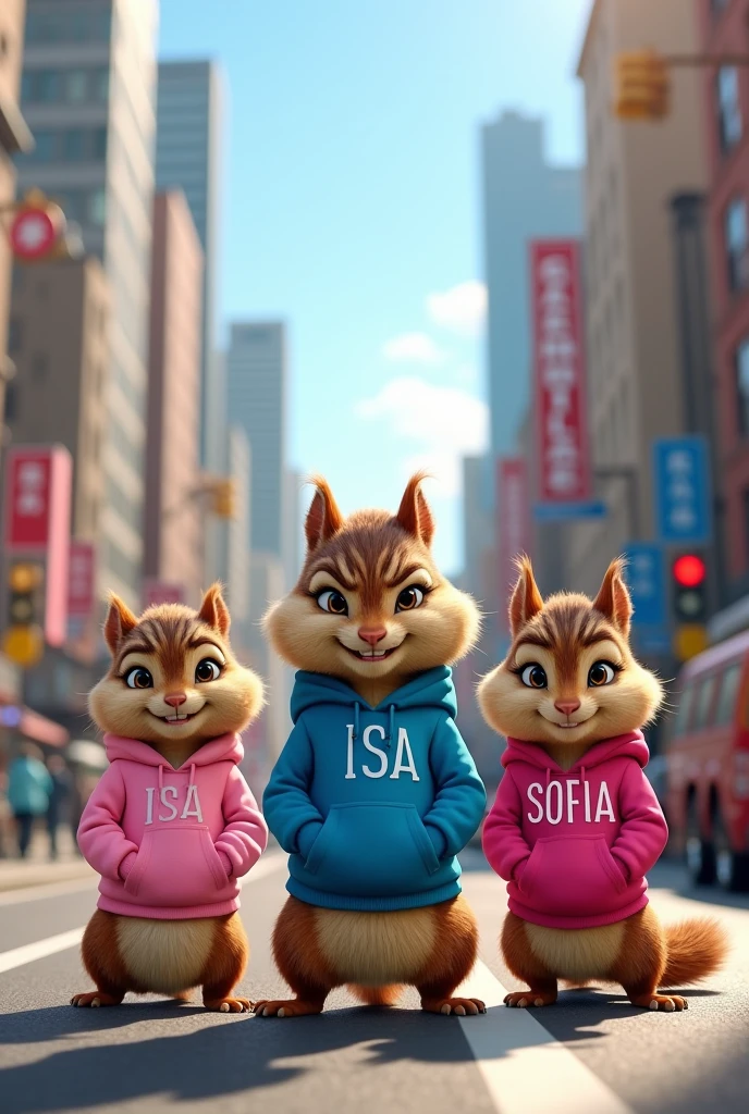 live-action with three anthropomorphic female squirrels, 'Alvin and the Chipmunks',' in the middle of a busy street in a big city. Lara has to be in the middle, and Isa and Sofia on the ends. The squirrels are wearing human clothes: Isa wears a pink sweatshirt with her name written on it, Lara wears a blue jacket with her name written on it and Sofia wears a pink sweatshirt with her name written on it.. Ao fundo, There are tall buildings, street signs and cars, capturing the vibrant atmosphere of a big city during the day