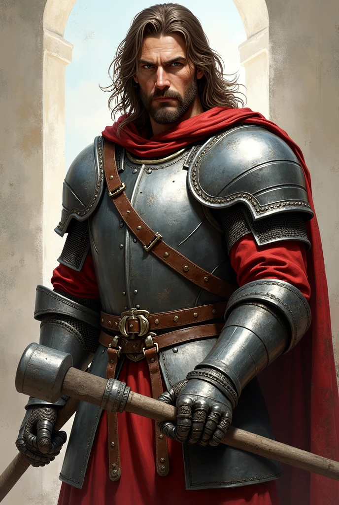 Short Italian soldiers, 27 years old, long brown hair, gray eyes, wearing robust medieval armor. He holds a battle hammer in his hand