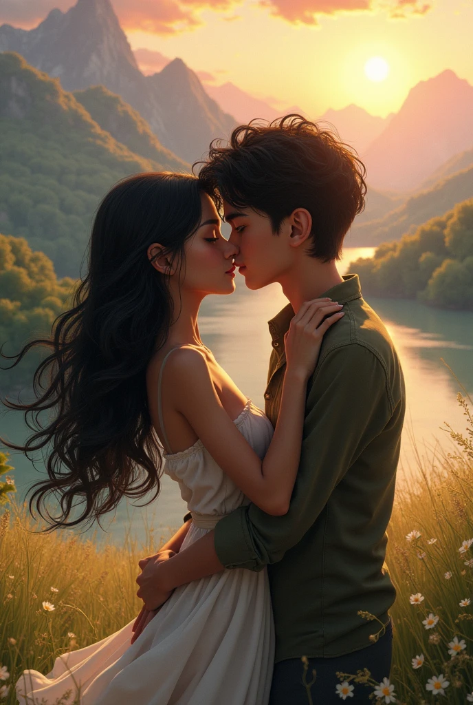 A girl with dark skin and long wavy black hair and a boy with white skin and black hair and brown eyes, a beautiful landscape giving you a kiss 
