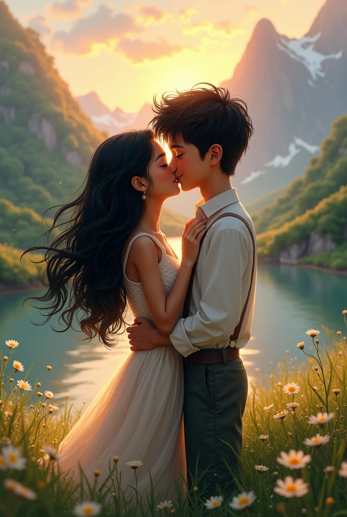 A girl with dark skin and long wavy black hair and a boy with white skin and black hair and brown eyes, a beautiful landscape giving you a kiss 