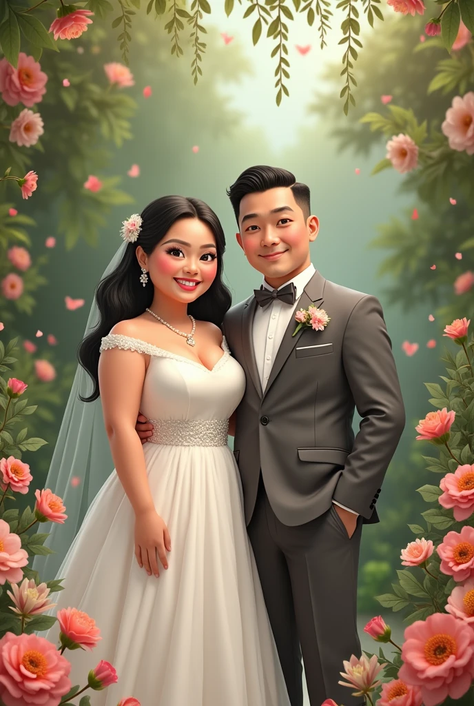 real pinoy couple fat girl amd boy slim wearing wedding looking here with background arounding flowers