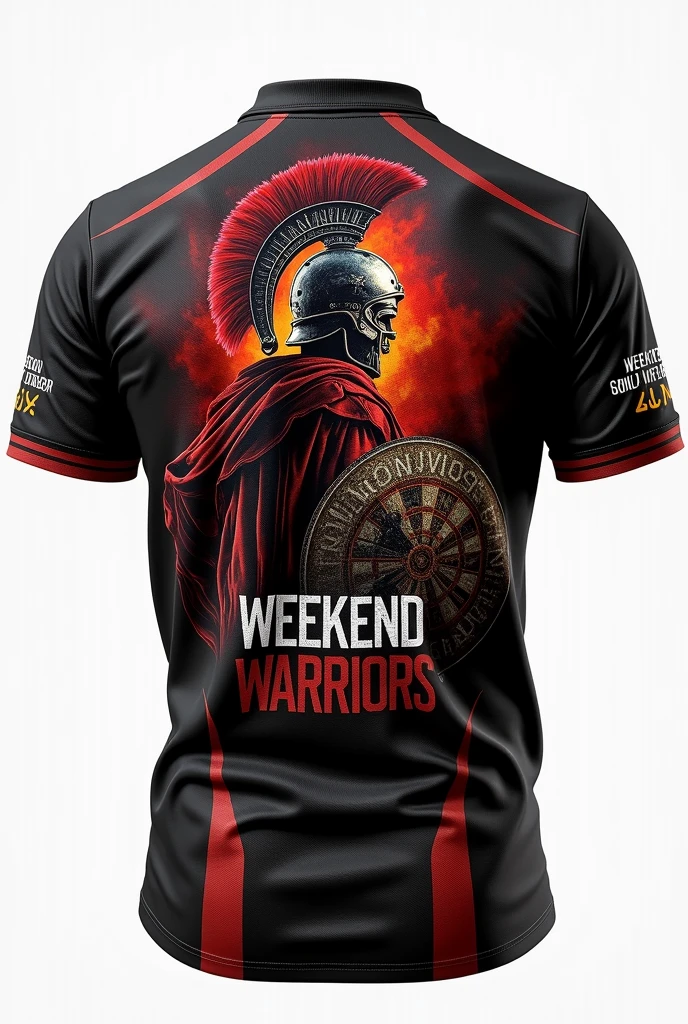 Create a dart jersey with the name Weekend Warriors, on the back should be a Roman legionary, on the right chest a dartboard with 3 darts and across the chest area to the stomach is the player's name