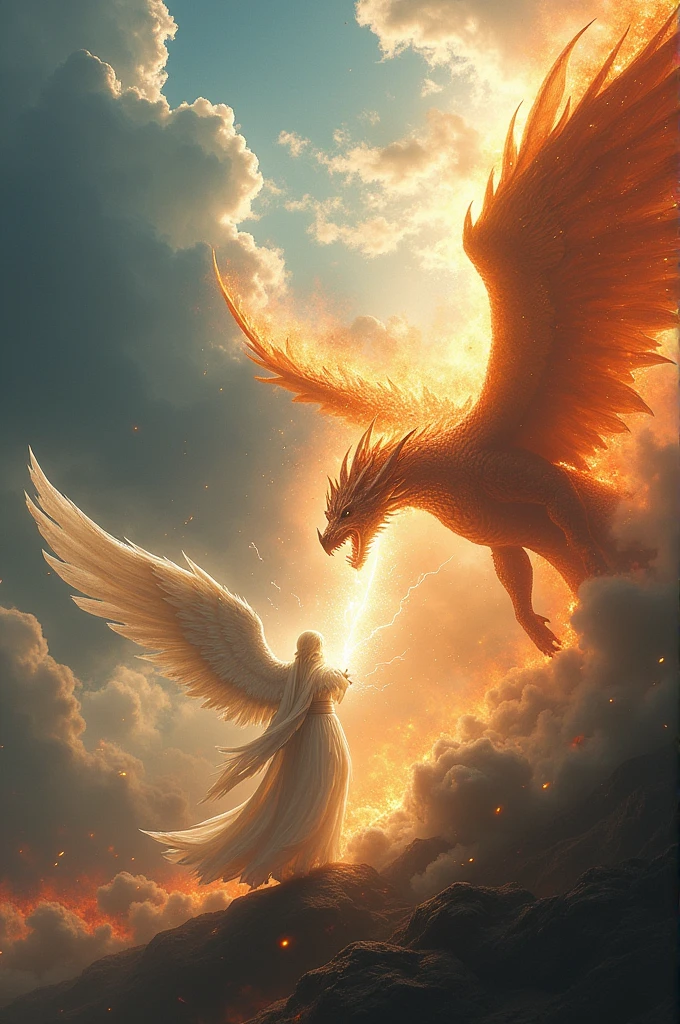 Battle between an archangel and a dragon 