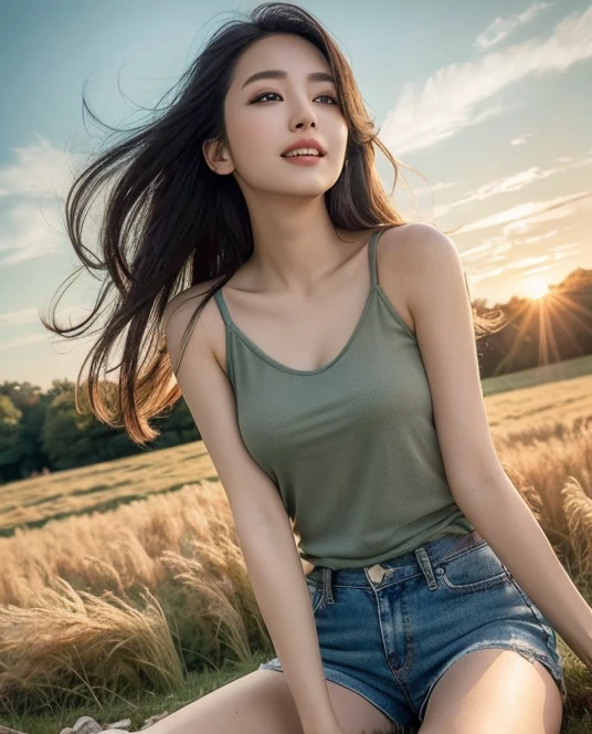 ((surreal、Super detailed image, maybe a photo.,Captures the details of the skin texture of an incredibly beautiful woman..))long straight black hair。No, Ray Tracing, Radio City, Anisotropic filtration, 16,000, best quality, 1 woman, alone, mature, blue tank top, shorts denim, Let go of the shirt, (((grass field)))、laugh、sunset.