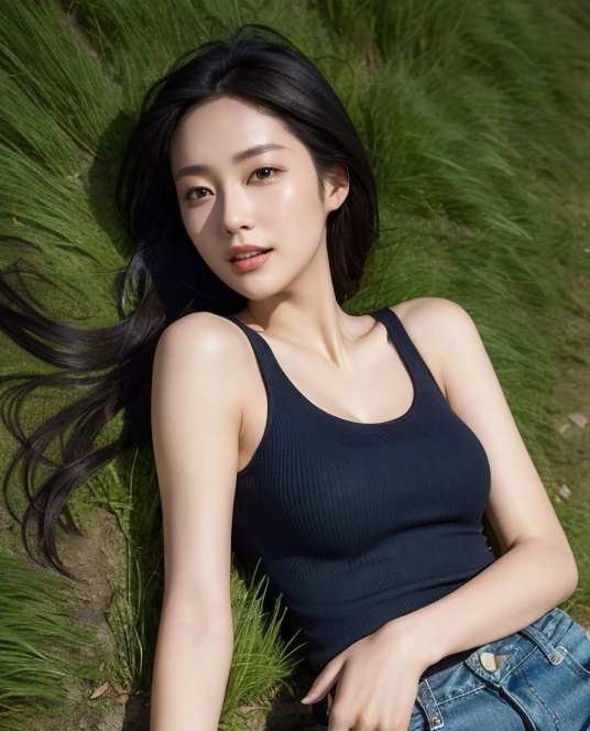 ((surreal、Super detailed image, maybe a photo.,Captures the details of the skin texture of an incredibly beautiful woman..))long straight black hair。No, Ray Tracing, Radio City, Anisotropic filtration, 16,000, best quality, 1 woman, alone, mature, blue tank top, shorts denim, Let go of the shirt, (((grass field)))、laugh、sunset.