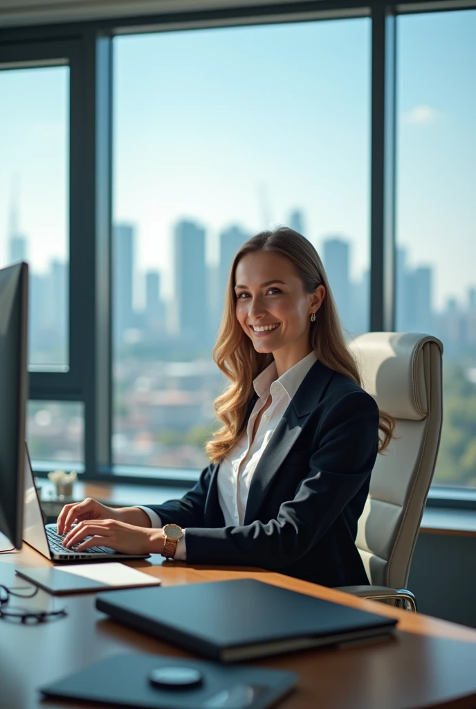 a white female cat pA photographic image of a woman in a business-casual outfit, assisting a client over the phone. She is positioned near a large window with a view of a city skyline, surrounded by tech gadgets and digital marketing tools. The office is bright with natural light and modern decor, emphasizing the innovative nature of the company. Created Using: mirrorless camera, natural daylight photography, high dynamic range, urban office setting, tech-driven interior design, vibrant color palette, professional yet relaxed vibe, high-resolution, HD quality, vivid style, laying video game, Realism, UHD