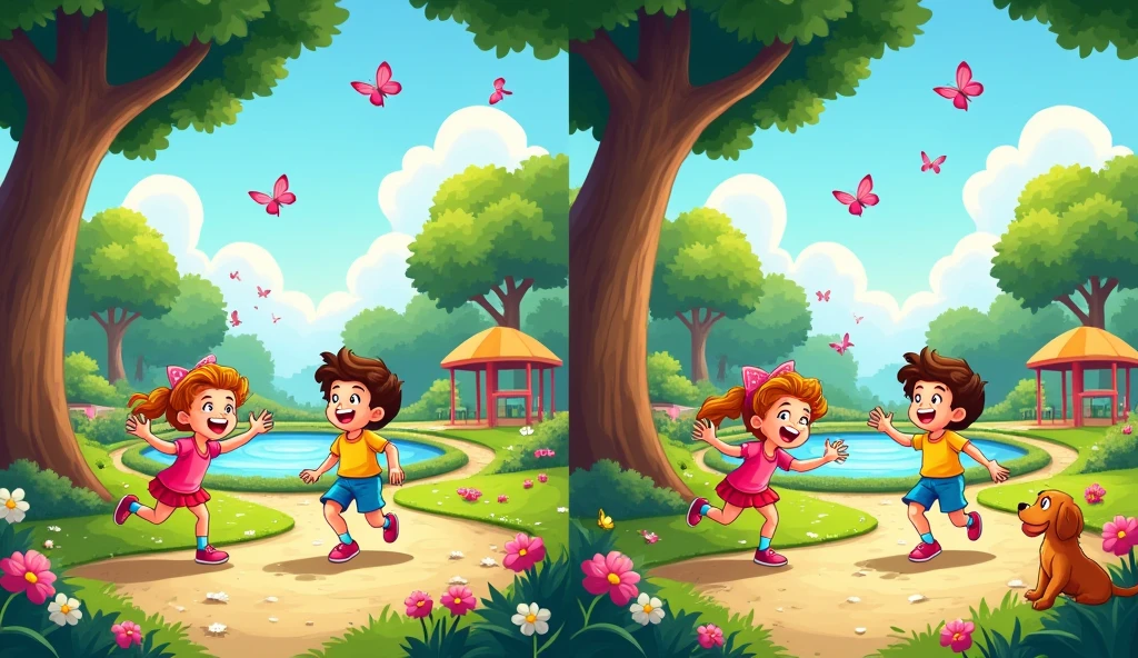 Create two nearly identical cartoon images designed for a "Find the Differences" game. The images should be colorful and vibrant, with a playful and fun theme. The scene could depict a lively outdoor park with elements such as trees, a playground, and kids playing, or any other cheerful setting you choose.
In the second image, make 10 subtle changes compared to the first image. These differences can include small alterations like:
Changing the color of a character's clothing.
Adding or removing an object, such as a toy, flower, or bird.
Modifying the shape or size of elements like clouds, leaves, or playground equipment.
Switching the direction a character is facing.
Altering small details like patterns on a shirt, the number of birds in the sky, or the position of a tree branch.
Ensure the differences are challenging but not impossible to spot. The overall style should be cute, bright, and appealing to both kids and adults.
Image Size: 1024x1024 pixels
