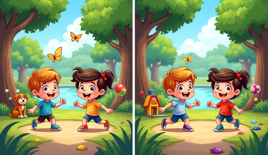 Create two nearly identical cartoon images designed for a "Find the Differences" game. The images should be colorful and vibrant, with a playful and fun theme. The scene could depict a lively outdoor park with elements such as trees, a playground, and kids playing, or any other cheerful setting you choose.

In the second image, make 10 subtle changes compared to the first image. These differences can include small alterations like:

Changing the color of a character's clothing.
Adding or removing an object, such as a toy, flower, or bird.
Modifying the shape or size of elements like clouds, leaves, or playground equipment.
Switching the direction a character is facing.
Altering small details like patterns on a shirt, the number of birds in the sky, or the position of a tree branch.
Ensure the differences are challenging but not impossible to spot. The overall style should be cute, bright, and appealing to both kids and adults.

Image Size: 1024x1024 pixels

