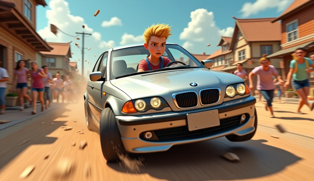 Im Stil von Cartoon 3D-Animations-Filmen. Villagers flee in panic from car wheels flying through the air and a speeding silver BMW E46 Compact. The vehicle is driven by an aggressive looking young man with short blond hair.