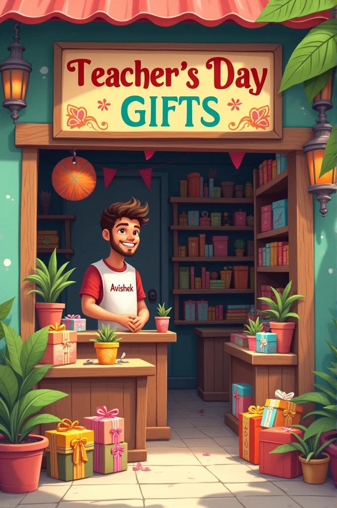 Create an image of a small gift shop with a signboard that reads 'Teacher's Day Gifts.' The shop is filled with various gift items on display. The shopkeeper, standing behind the counter, is wearing a T-shirt with the word 'AVISHEK' written on it. The overall atmosphere of the shop is warm and inviting, with colorful decorations and neatly arranged gifts