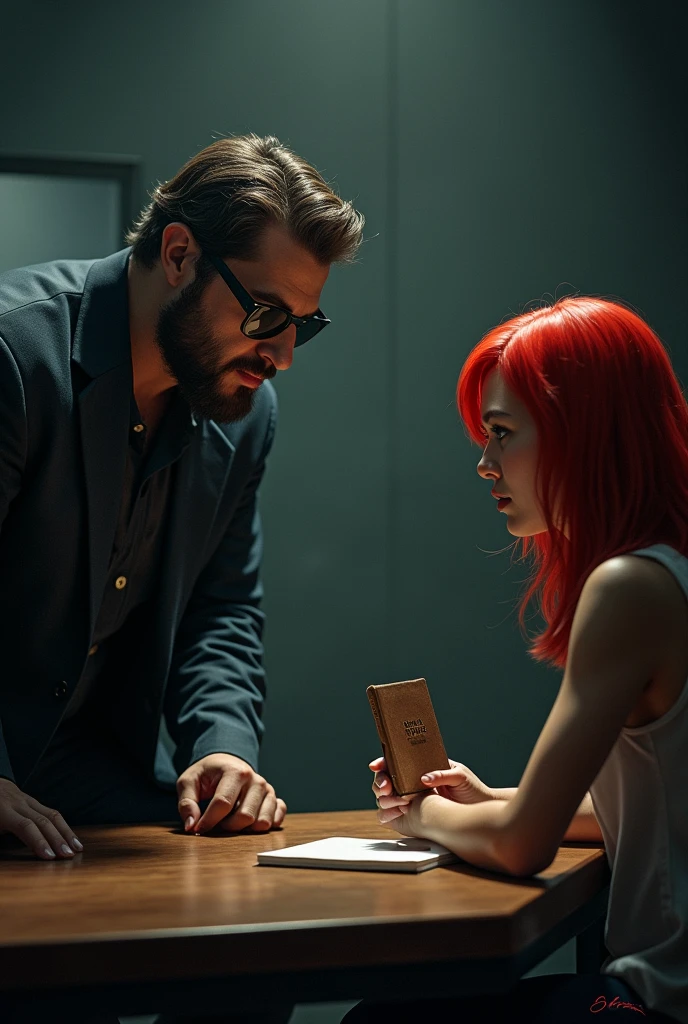 tall and strong man, dark brown hair, asymmetrical face, big lips wearing sunglasses, wearing typical police investigator clothes , looking at a red haired woman with blue eyes holding a diary in her hands ( interrogation room scene) realistic images