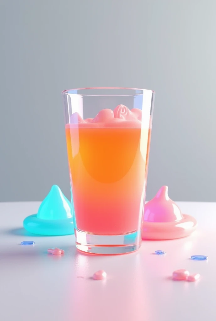 /imagine prompt: A realistic 3D rendering of a transparent glass cup filled with bright, colorful gelatin. The gelatin has a smooth, slightly wobbly texture, reflecting light in a way that highlights its vibrant color. The cup is placed on a neutral surface with soft shadows, and the background is a subtle gradient of light gray. The scene is highly detailed, showcasing the transparency of the cup and the gelatin’s semi-transparent, glossy texture. --v 6.0