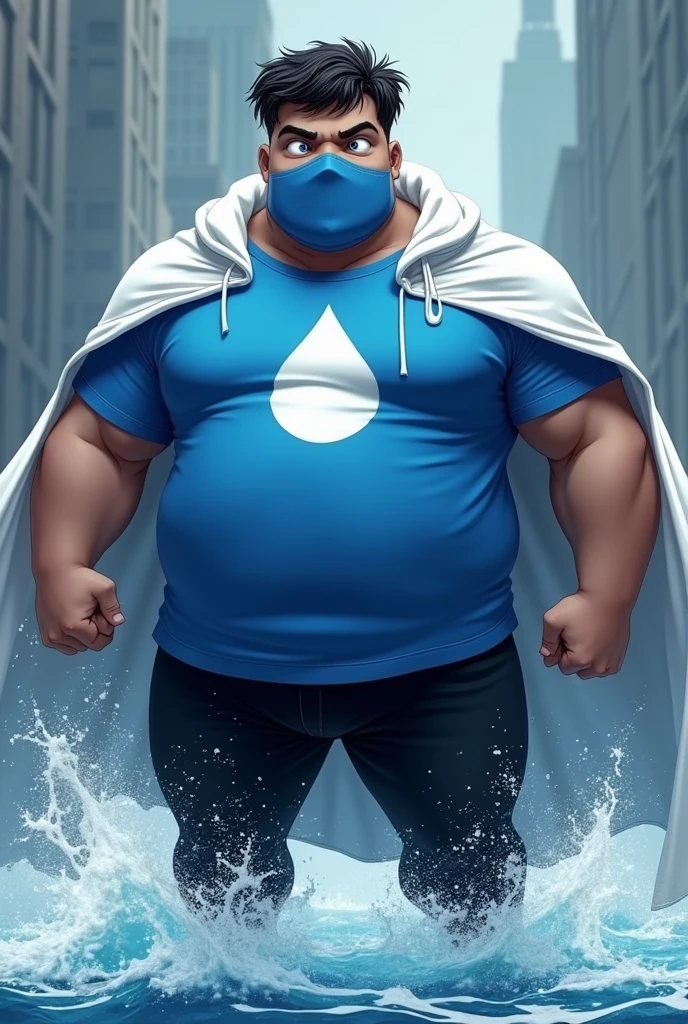 Create an image of a ager with water powers, This teen is wearing a costume with a blue shirt with the symbol of a white drop in the middle, he wears a blue mask with completely white eyes, and also wears black pants with a white cape, This teenager white skin and black hair, he is fat, and he has very curly, curly hair and very short hair.