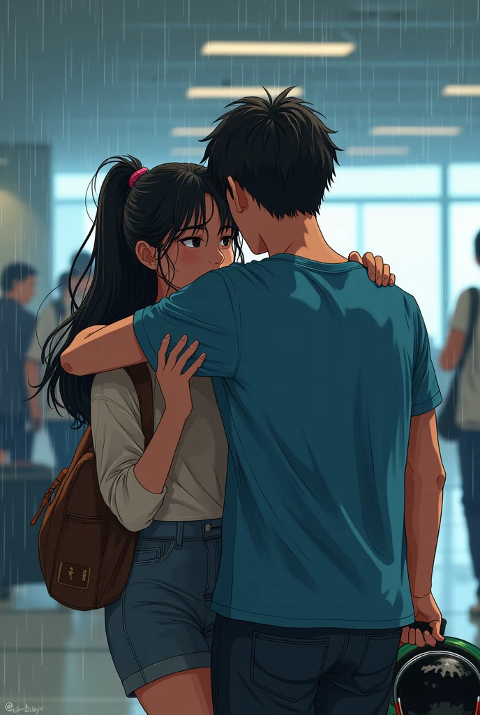 Heart break couple, airport, asian, rain, late to flight, passport in the girl's hand, a baggage side of the girl hug, flight, A helmet in the boy's hand, boy wet hair & cloths,boy ware blue t shirt