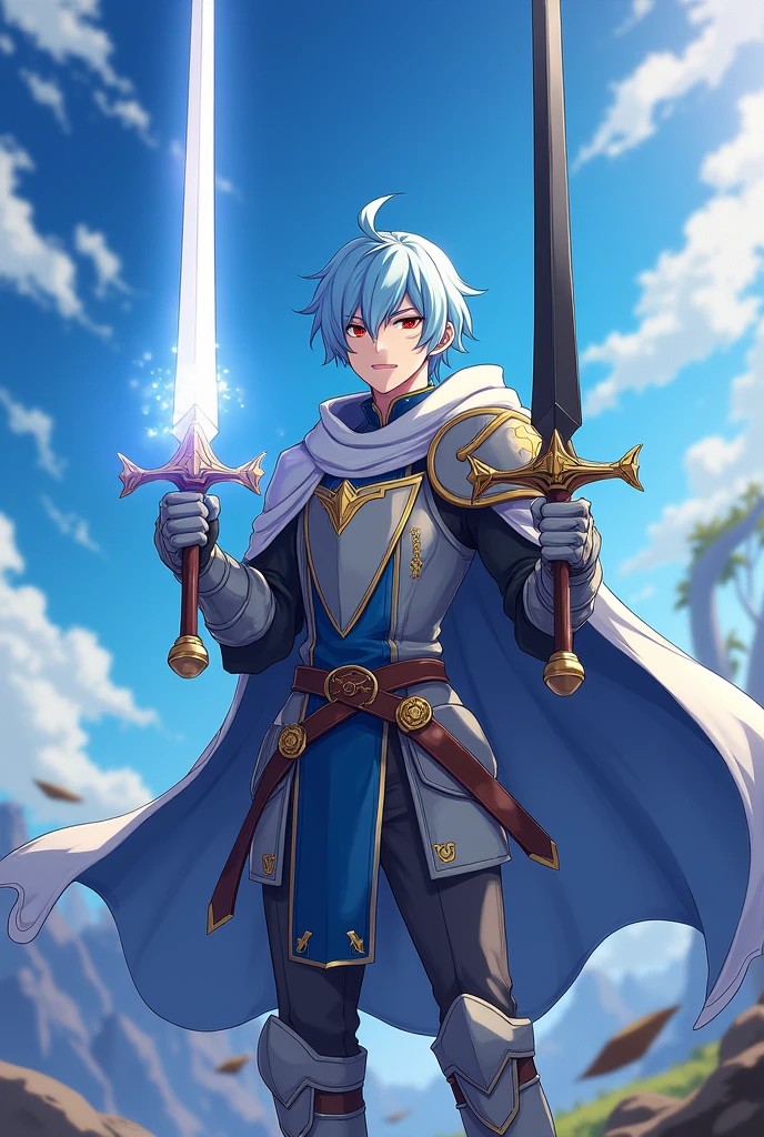 A male anime character with light blue hair. He is a brave knight. His weapons are two holy swords. The first one is a pure white sword with a light aura. The second one is a pitch-black sword with a dark aura.
