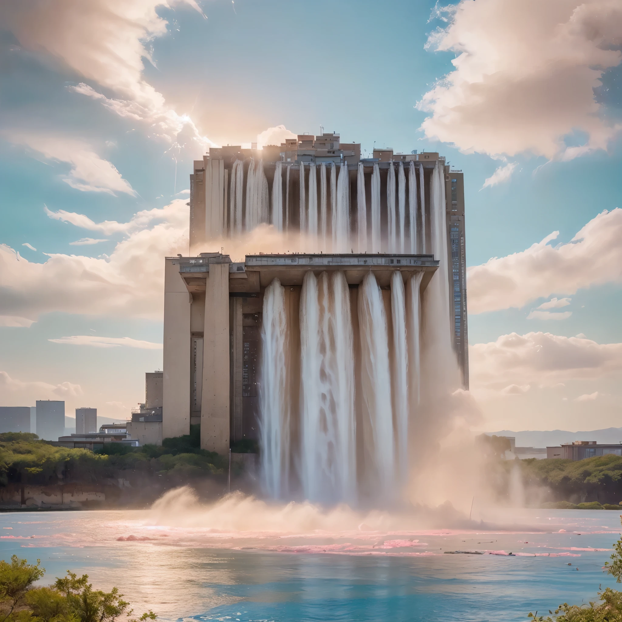 (8k, highest quality, masterpiece, final fantasy style: 1.2), (unRealistic, photoRealistic: 1.37), Dreamy landscape, epic scenes, sunset, Fantasy, Unsurreal landscapes, Super detailed, Flying futuristic neoclassical Castle, Floating Island in the Sky, Seven-colored swirl of light, Intense lightning, nebulas,Complex Light, Colored light, blue clear Large Lake, Starry sky reflected on the lake surface, Countless shining stars, Meteors, Reflections , (A pillar of light emanated from the ground:1,2), (((roses and orchids gardens , bright day , pink and blue clouds, waterfalls in the sky, realistic style, Hyperrealistic drawing , burning futuristic skyscrapers, , timeless realms, healing light magic effect, in a crystal clear blue magical lagoon of the fairyland, crystal clear waters with silver surface reflections, sharp focus, (close-up:0.9), (bright white theme:1.2), (bright white tone:1.2), (deep blue tone:1.3),((( realistic, Hyperrealism, vivid colours , landscapes , alien nature , science fiction themes))), mountains and abyss, water resources and waterfalls , fog ,