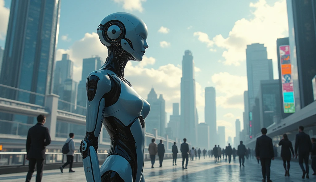 The city of the future、droid、Civilian、Rich clouds drift in the sky、Connect to the city network、tall house、blue-sky、afofuturism、Luminism、Ray traching、closeup cleavage、kanon、hyper HD、tmasterpiece、high detal、high qulity、High resolution -- v 6