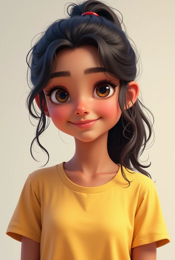 A detailed portrait of an 1 female indian teenager. She has a frame, a youthful glow to her complexion, expressive eyes filled with curiosity, and a dimpled smile. She has medium-length hair tied up in a casual ponytail. She is wearing a comfortable stylis t shirt