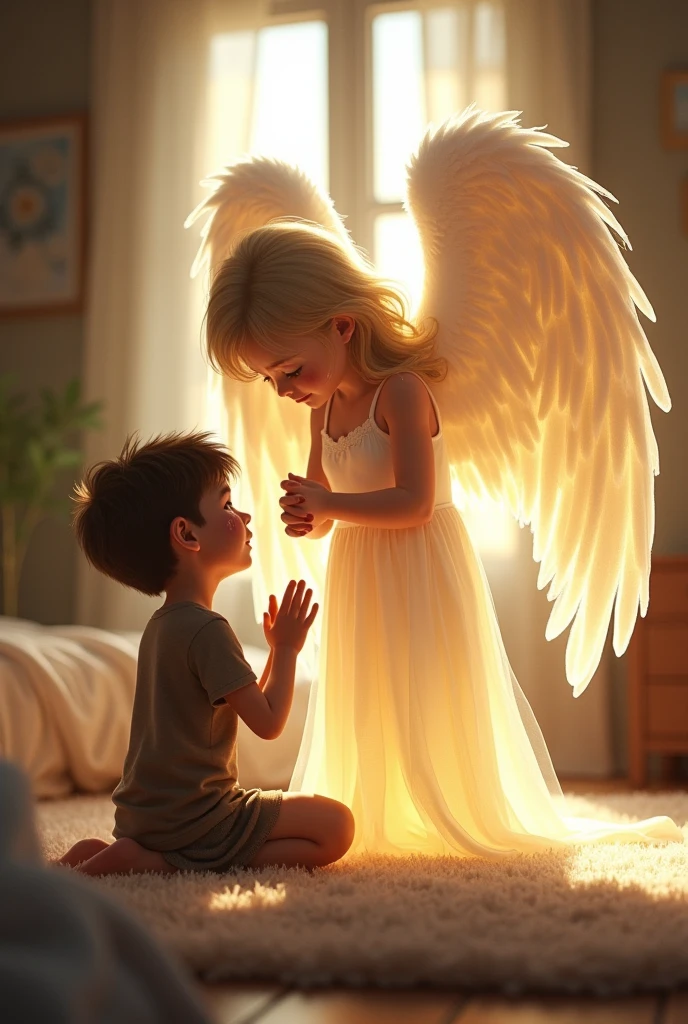 A 5-year-old boy crying and praying to an angel appears in his room