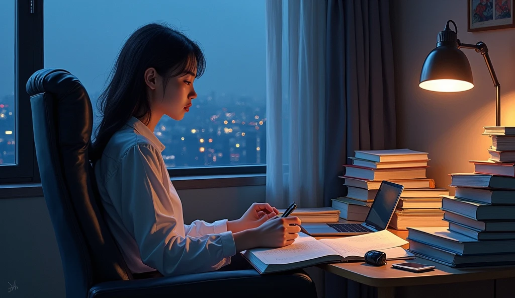 A stunning oil painting of a young beautiful Korean woman, beautifully portrayed with a lost and melancholic expression. In the soft glow of a study lamp, a she sits in her comfortable chair, surrounded by the organized chaos of study materials. Her desk is cluttered with open books, a laptop, and a mobile phone, each item a tool in her quest for knowledge. The window beside her at a distance, reveals the deep blue of night time, with the city lights faintly glimmering in the distance. The room is bathed in a warm, focused light that contrasts with the cool darkness outside, creating a serene, studious atmosphere., adding to the sense of unease. The painting exhibits a dream-like, impressionistic style, with visible brushstrokes that create a sense of depth and texture. The color palette primarily consists of deep purples, greys, and blacks, evoking a depressive atmosphere. side view