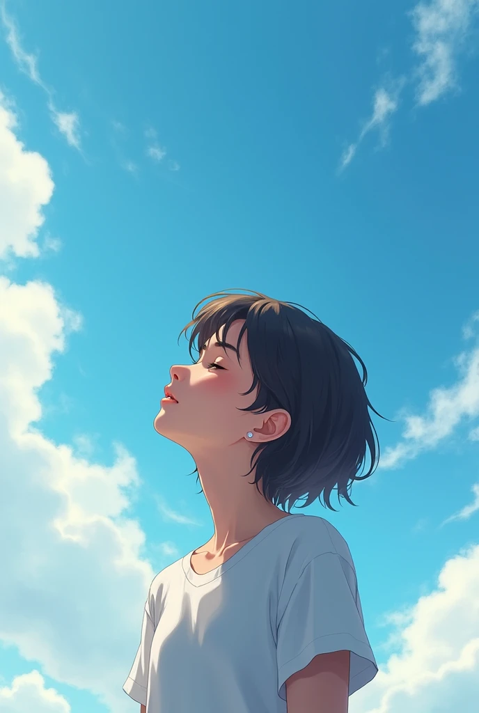 Create an image of a teenager looking at the sky with his eyes closed