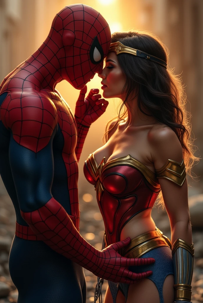 Wonder Woman is showing her vagina to Spiderman and asking him to lick her vagina, he is inserting his fingers in her vagina under her skirt, he is fingering her, she is in ecstasy,