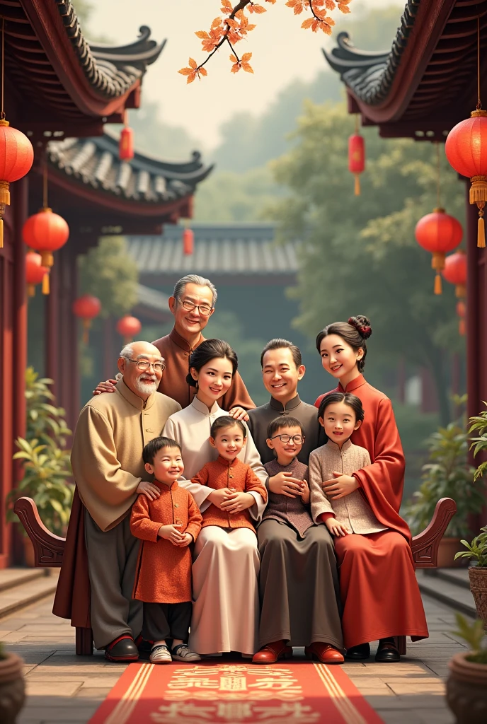 A Chinese Family with a big family with beautiful traditional house inside