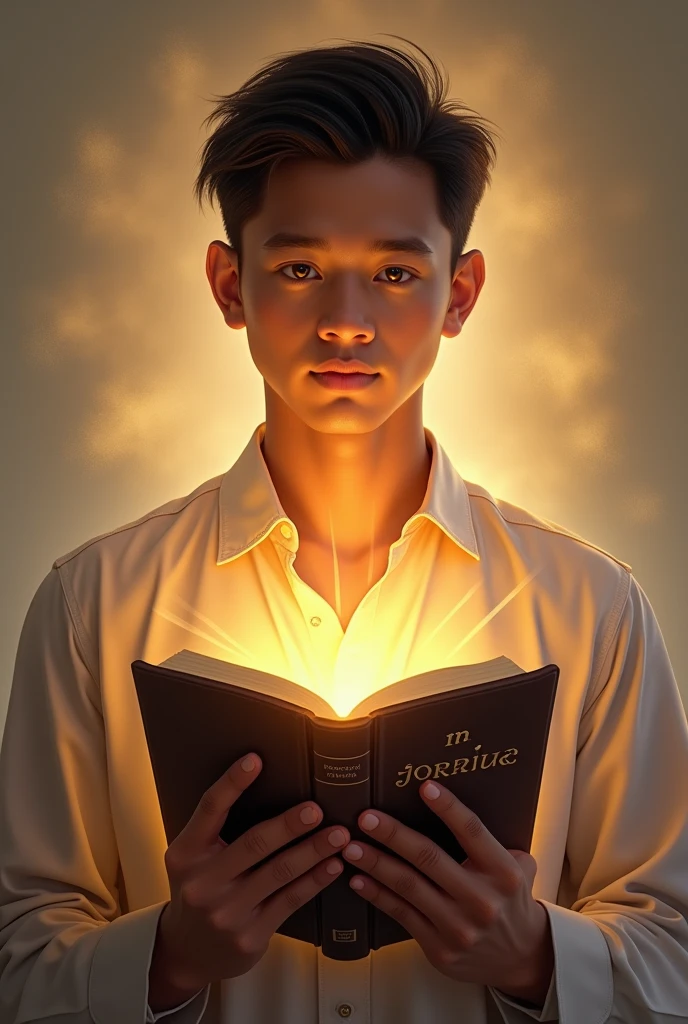 (photorealism:1.2), a young Filipino man holding a bible and his eyes shines like a light,and it is filled with the power of God