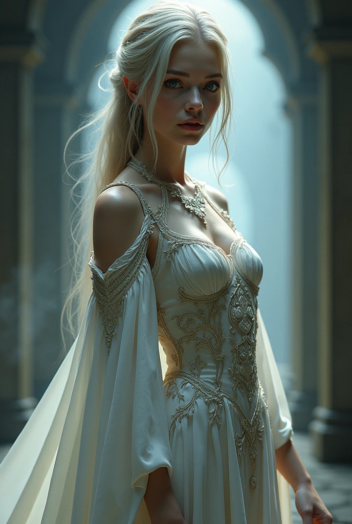 NSFW, best quality (4K, high resolution, masterpiece:1.2), ultra-detailed, realistic (photo-realistic:1.37), the White Queen, the Deceiver, mesmerizing demonic enchantress, portrait, standing with a haunting white silk gown, entrancing yet chilling gaze, hypnotic, demonic eyes, poised stance, flowing blonde hair with flickers of shadow, light and deceptive aura with a hint of darkness, pure white color scheme, sharp focus, perfect, ominous lighting, confident, sinister demeanor, intriguingly wicked smile, powerful illusion magic and sinister energy radiating from her eyes, illusionary palace with a dark, foreboding background, entrancing yet eerie atmosphere, inspired by fantasy art and dark mythology, emphasizing her cunning, allure and malevolent charm, meticulous attention to facial details showcasing her eerie beauty, elaborate, ominous costume design, striking visual impact, expressive yet wicked facial features, supernatural elements blended with a sinister reality, (exceptionally detailed:1.3), super finely detailed and clawed hands, ultra finely detailed fingers (ten fingers), suggestive, intimidating posing, full body showcase, no logos in the background.