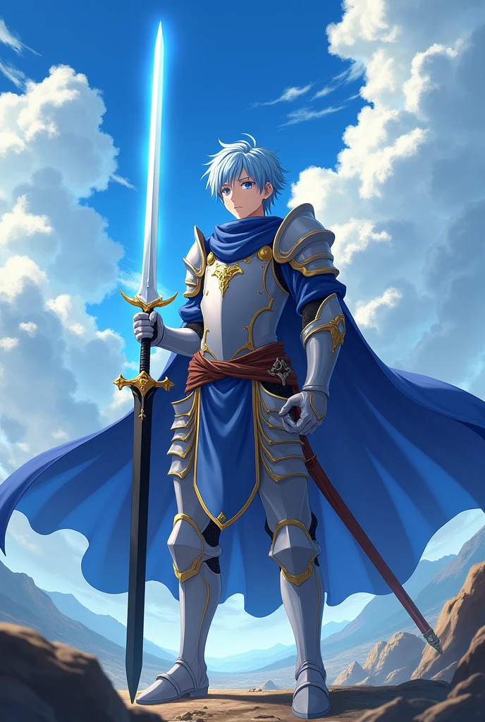 A male anime character with light blue hair. He is a brave knight. His weapons are two holy swords. The first one is a pure white sword with a light aura. The second one is a pitch-black sword with a dark aura.