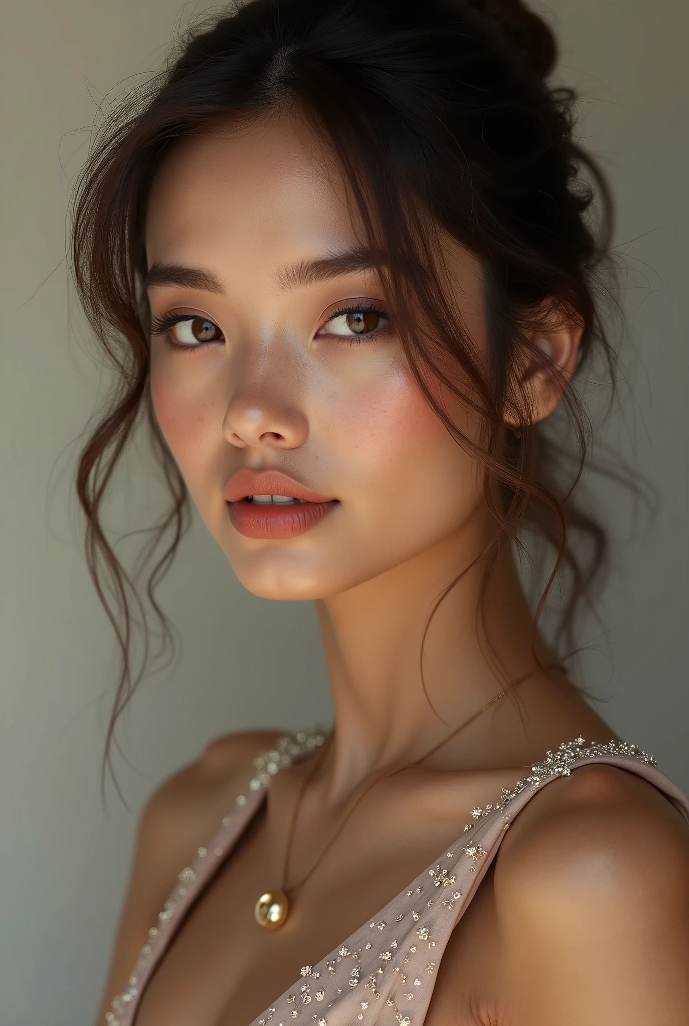 A very sexy and very elegant woman who looks real with a very cute face