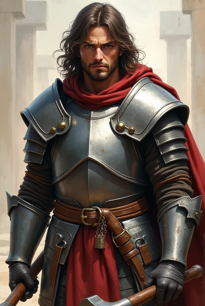 Short Italian soldiers, 27 years old, long brown hair, gray eyes, wearing robust medieval armor. He holds a battle hammer in his hand
