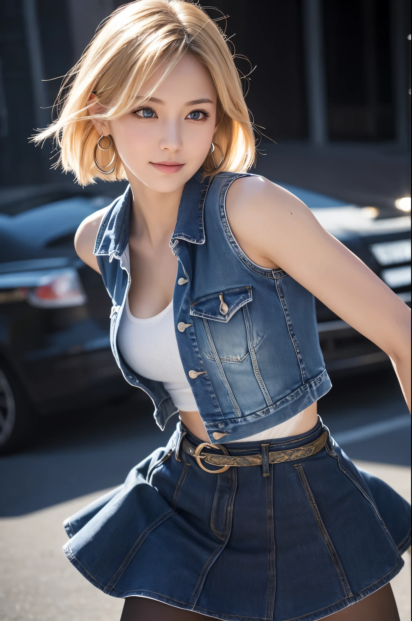 8k,Highest quality, High resolution, AND18, One Girl, Android 18, alone, Blonde, blue eyes, short hair, Earrings, jewelry, Denim dress, Open Vest, Black Pantyhose, Black Shirt, Jeans Skirt, Blue Skirt, Medium chest, street, (External dilated chest: 1.2) Energy is released from the body (Blue white light effect),Highest qualityのフォトリアリスティックRAW写真。Backlight、Cinema Lighting、Film Grain、50mm lens、Nikon D850、Realistic Skin、Fantasy art、Character Art、超High resolution、muscular and slim body、超Realistic Skin、Super Muscular Beauty,smile,Dynamic karate pose with clenched fists,Showing cleavage,Upper body close-up,
