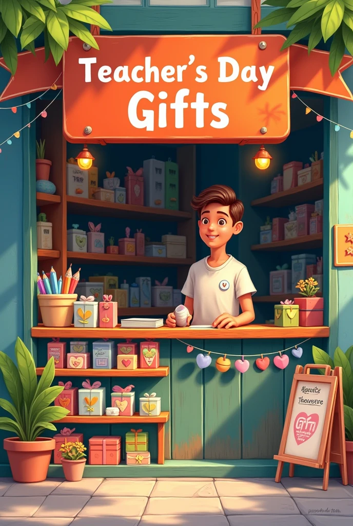 Create an image of a small gift shop with a signboard that reads 'Teacher's Day Gifts.' The shop is filled with various gift items on display. The shopkeeper, standing behind the counter, is wearing a T-shirt with the word 'AVISHEK' written on it. The overall atmosphere of the shop is warm and inviting, with colorful decorations and neatly arranged gifts