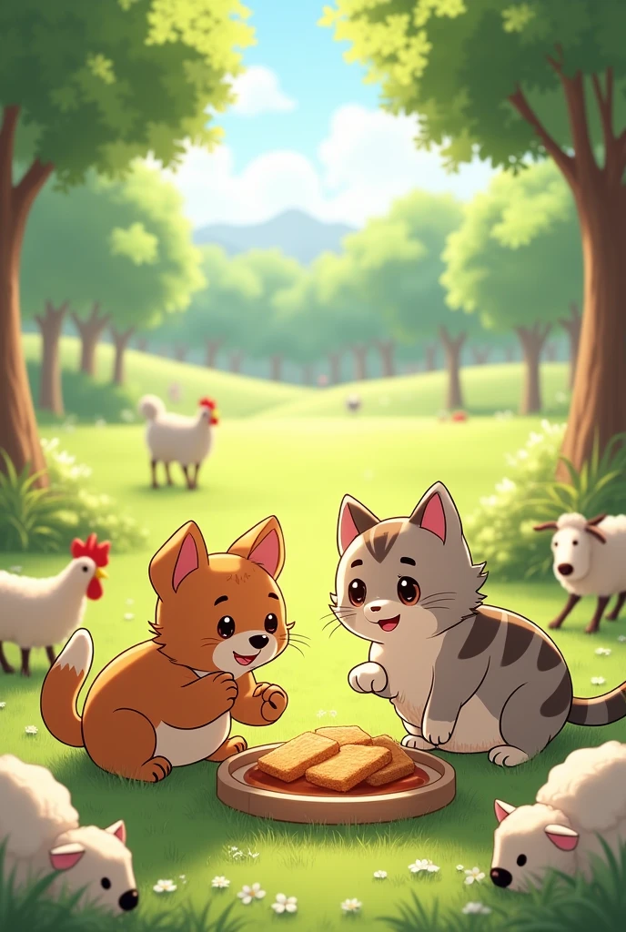 A dog and a smiling cat eating dogui and around several domestic animals in a sunny park with the phrase that says forage the brothers and below Niko