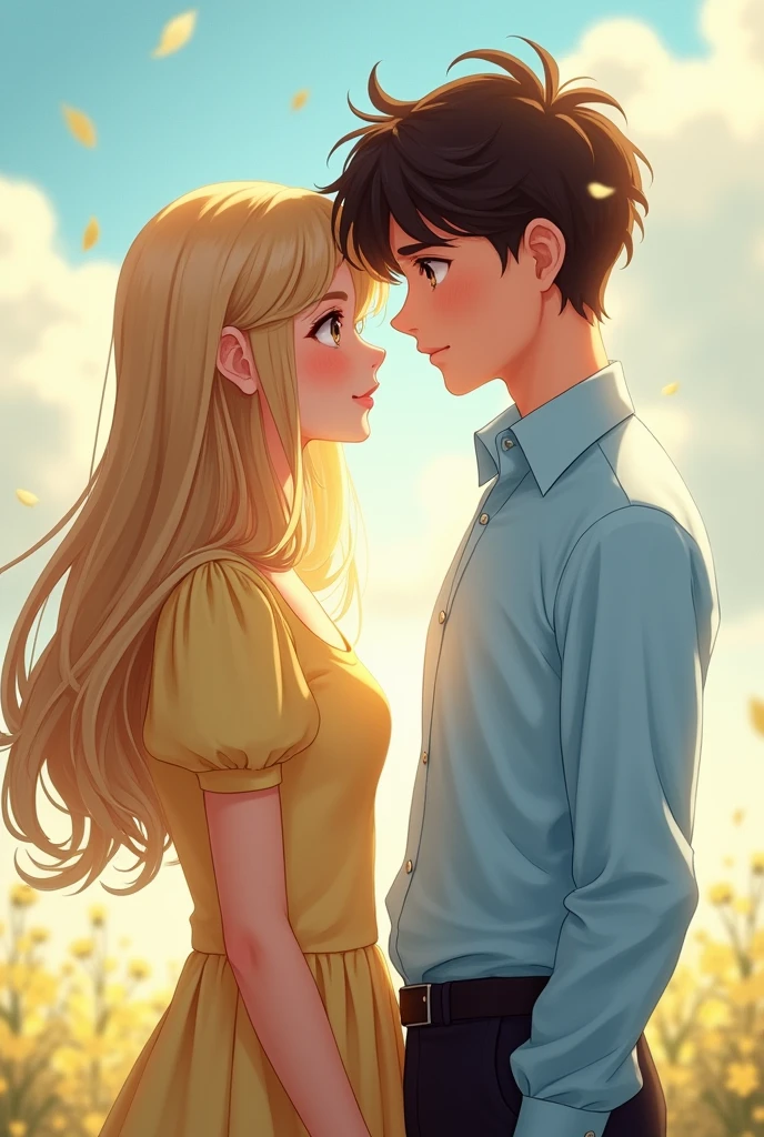 A realistic picture of a sixteen-year-old girl and boy stand just two feet apart, their gazes locked. The girl has straight blond hair cascading down her back, and she wears a light yellow dress with round, puffy sleeves that add a touch of whimsy. Her hazel eyes sparkle with warmth. The boy, with his dark brown hair neatly styled, wears a light blue formal shirt paired with black trousers. His brown eyes reflect a mix of curiosity and admiration as he looks at her. The gentle breeze makes their clothes and hair flutter slightly, creating a moment filled with youthful promise and a quiet connection.