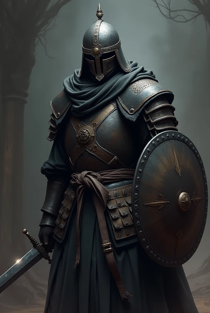 In the dark environment, a fierce Mongolian warrior stands ready for battle, face obscured by his helmet, as if embodying the spirit of death and fear. Soft side lighting casts a subtle glow on the armor, accentuating the intricacies of the blackened design. The warrior's elegant Mongolian armor shines with a metallic sheen, complemented by the round shield and shining sword held at the ready. The masterful painting style, reminiscent of Anders Zorn and Aleksi Briclot, transports the viewer to a realm of realism and intimidation, as if gazing upon a highly detailed oil on canvas masterpiece.