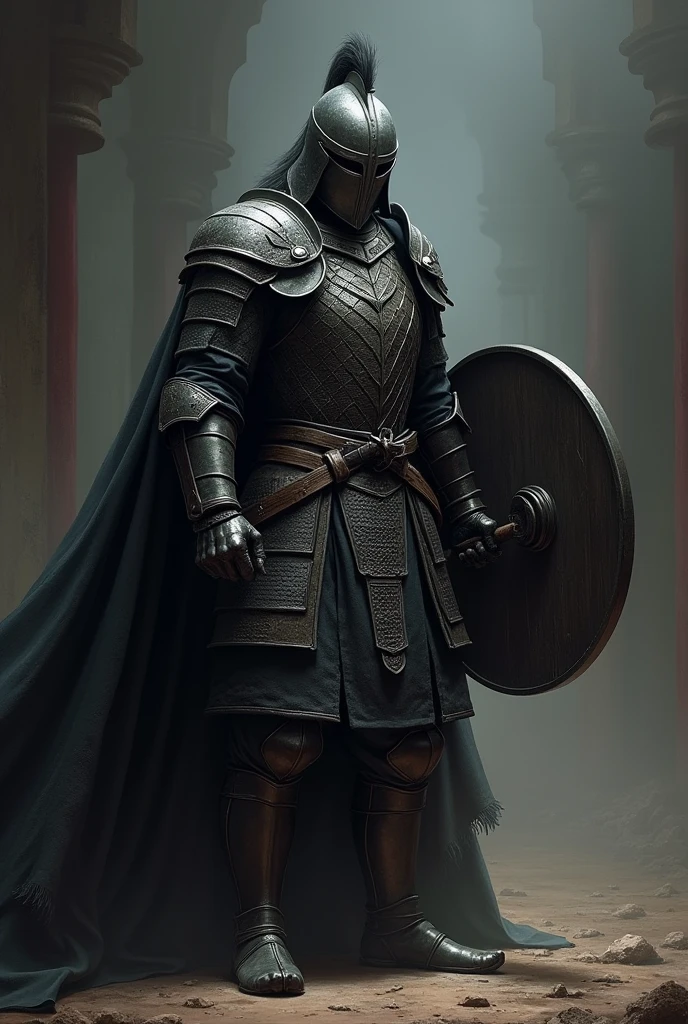In the dark environment, a fierce Mongolian warrior stands ready for battle, face obscured by his helmet, as if embodying the spirit of death and fear. Soft side lighting casts a subtle glow on the armor, accentuating the intricacies of the blackened design. The warrior's elegant Mongolian armor shines with a metallic sheen, complemented by the round shield and shining sword held at the ready. The masterful painting style, reminiscent of Anders Zorn and Aleksi Briclot, transports the viewer to a realm of realism and intimidation, as if gazing upon a highly detailed oil on canvas masterpiece.