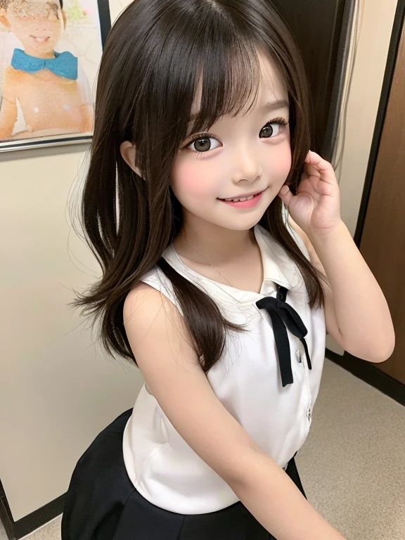 best quality, 8K, (8 years old:1.5, elementary school students:1.5, child girl:1.5), full body:2, (Extremely detailed eyes:1.5, Extremely detailed face), very cute face, tan skin, white shirt, sleeveless, black skirt, white bra, school uniform, musume san, long hair, bangs, grey eyes, brown hair, medium breast, indoor, looking at viewer, nsfw, black thighhigh, Smile slightly, girl standing,