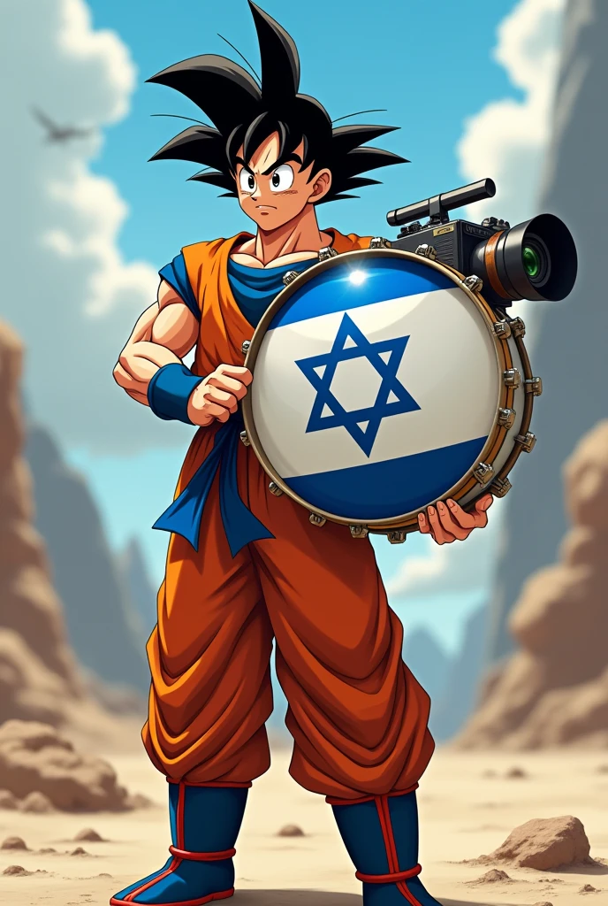 Goku holding a deaf (percussion instrument with the Israeli flag drawn on the instrument) and a camera came out of the deaf.