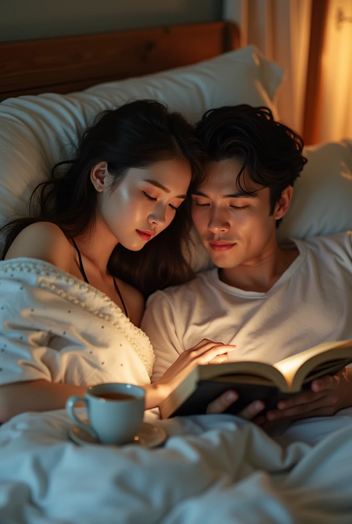 create a photograph of a beautiful woman in bed in her pajamas reading a book with her boyfriend