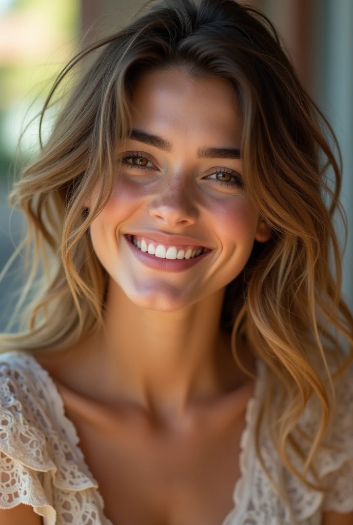 (on the table, best quality, realistically, Super detailed, meticulous, high resolution, 8k wallpaper), Close-up portrait of a beautiful woman, Love, smiling, light brown messy hair, Perfect dynamic composition, Beautiful and meticulous eyes, Just like the cover of a fashion magazine, on campus