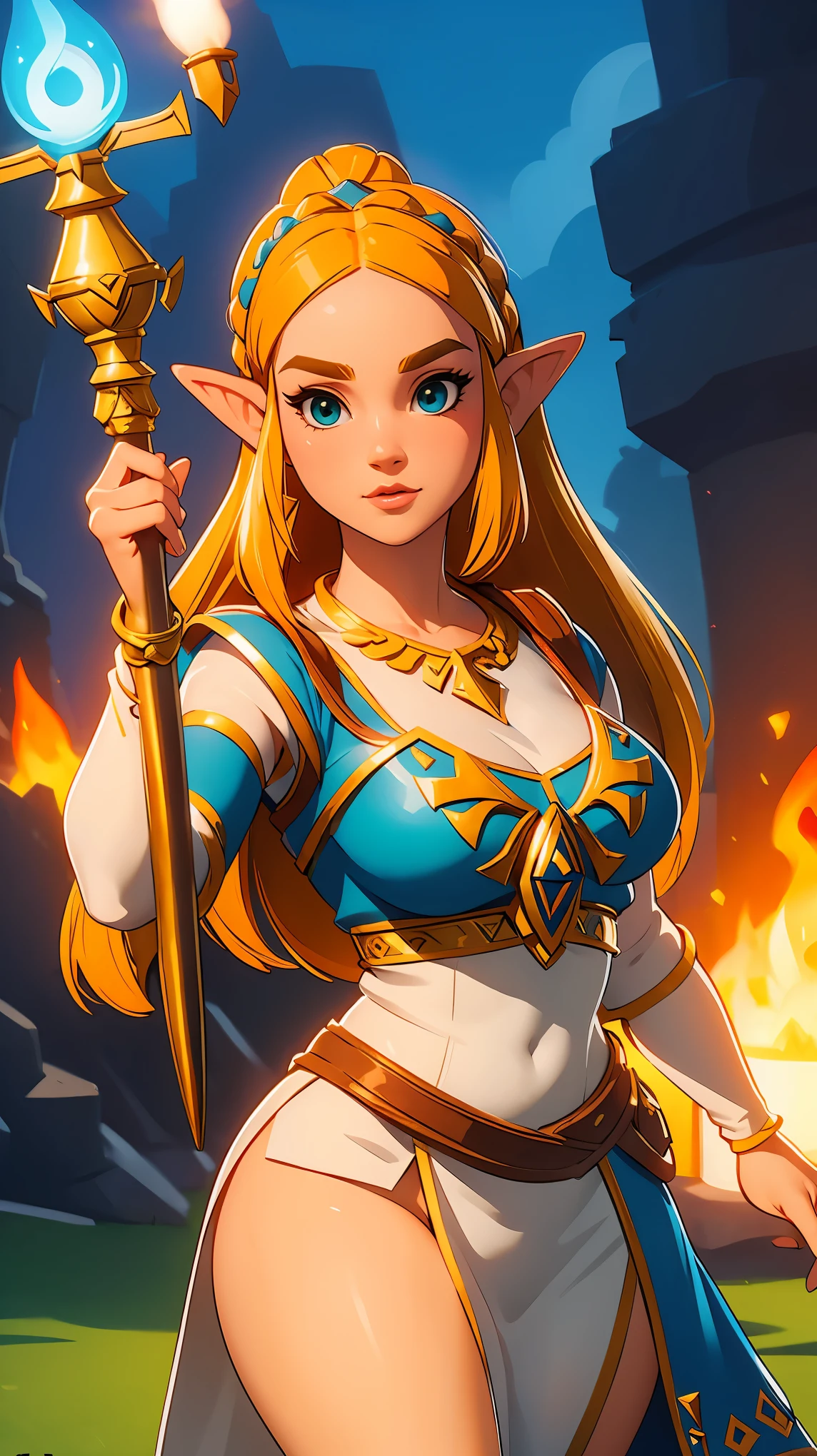 ((masterpiece)), ((best quality)), (detailed), perfect, solo, zelda, gorgeous woman, Princesa Zelda con una antorcha de fuego