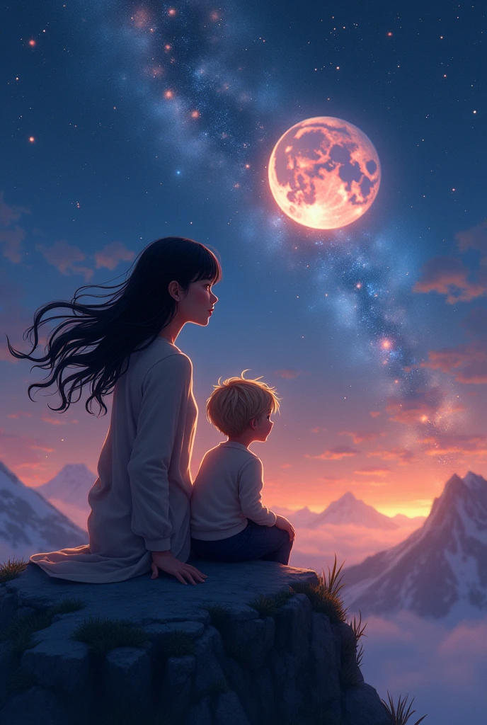 A girl with long black hair and bangs with her 3-year-old son with blond hair and a little voluminous hair, both are on a mountain watching the moon with the sky full of colorful stars