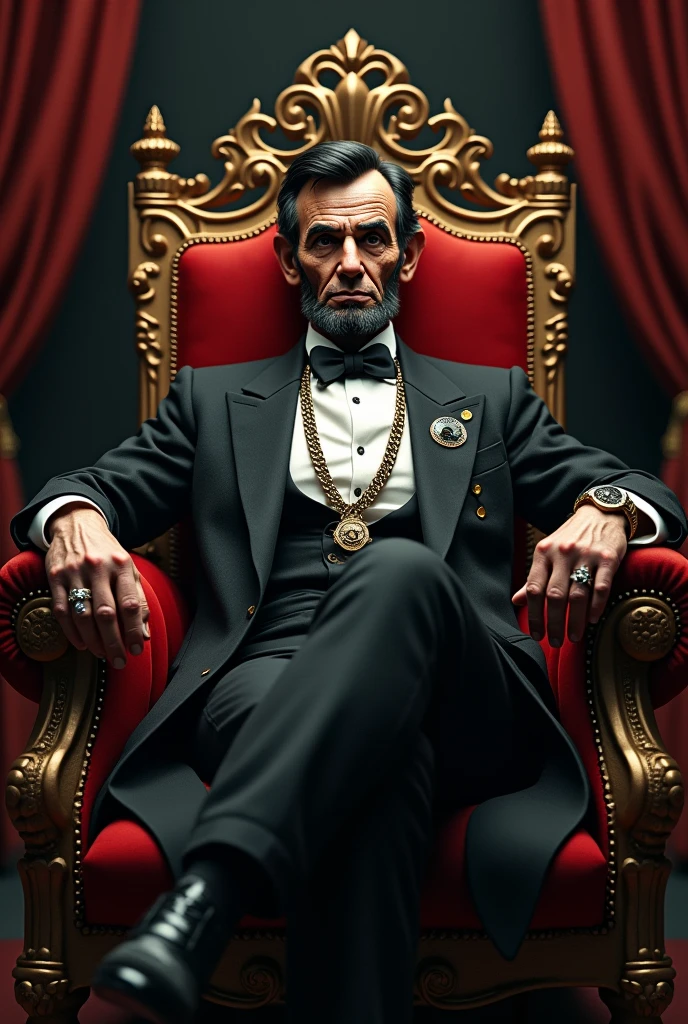Recreate the image of Toni Montana from the movie Scarface when he is sitting in a king-style chair but putting on Abraham Lincoln's face With relaxed arms, open and with more clothes, watch, chains, ring, putting on chains like a mafia