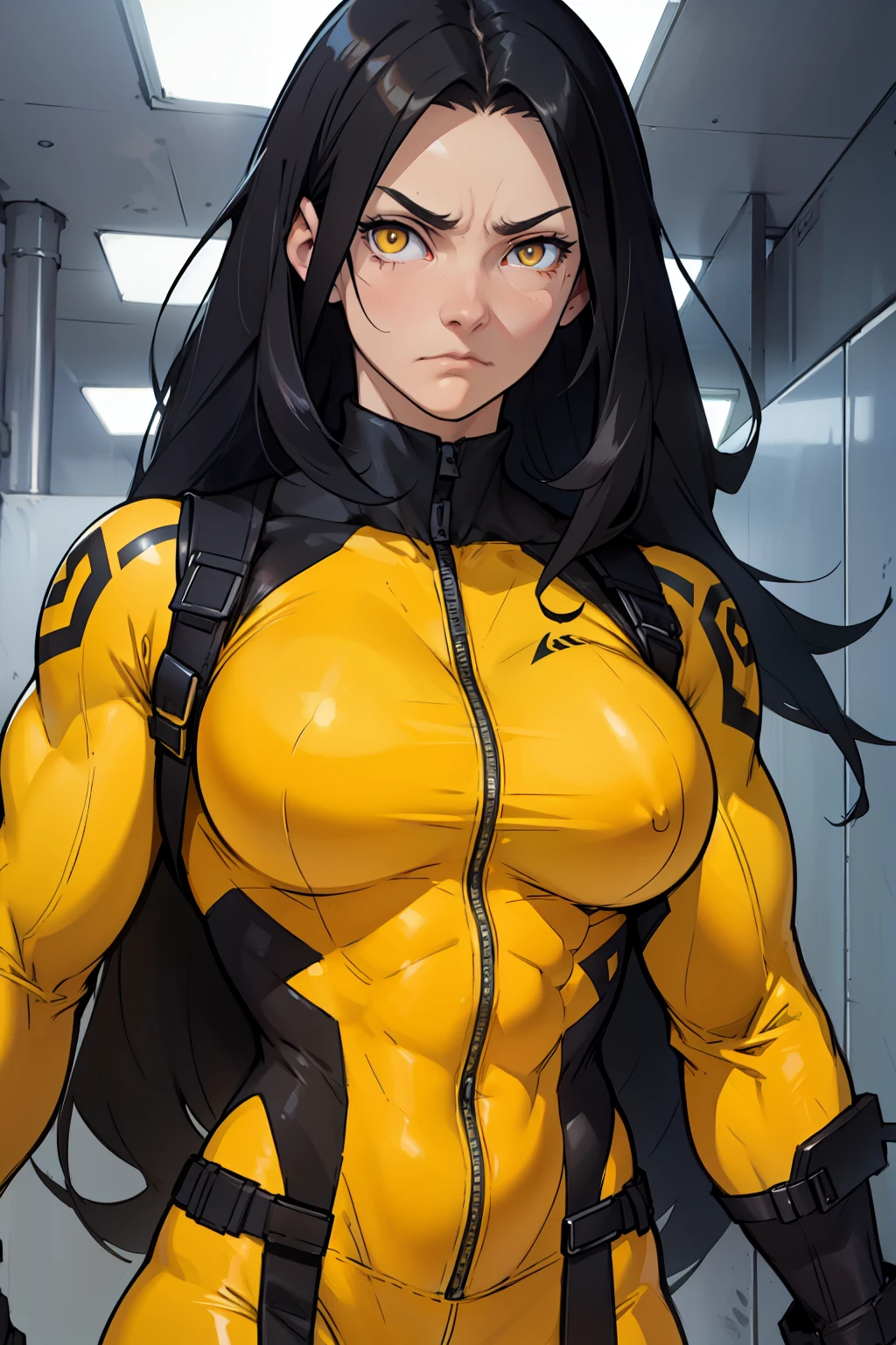 massive breasts ((((muscular girl)))) toned body skinsuit long hair black hair yellow eyes pale skin sad frown expressionless