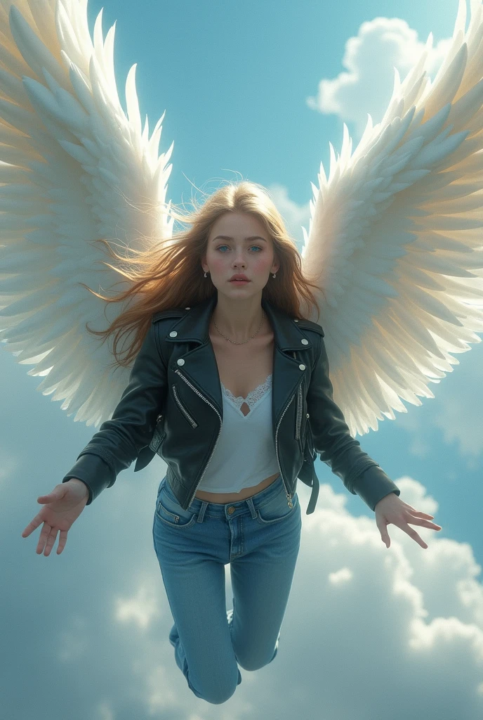fille avec des longs cheveux magnifiques. Elle a les yeux bleus et sa peau est blanche. Elle porte une veste en cuir noir, Blue Jeans, et elle a des chaussures de ranger. Elle a deux grandes ailes blanches et elle vole dans le ciel. [fille] [ailes] [fantastique] [Beau]