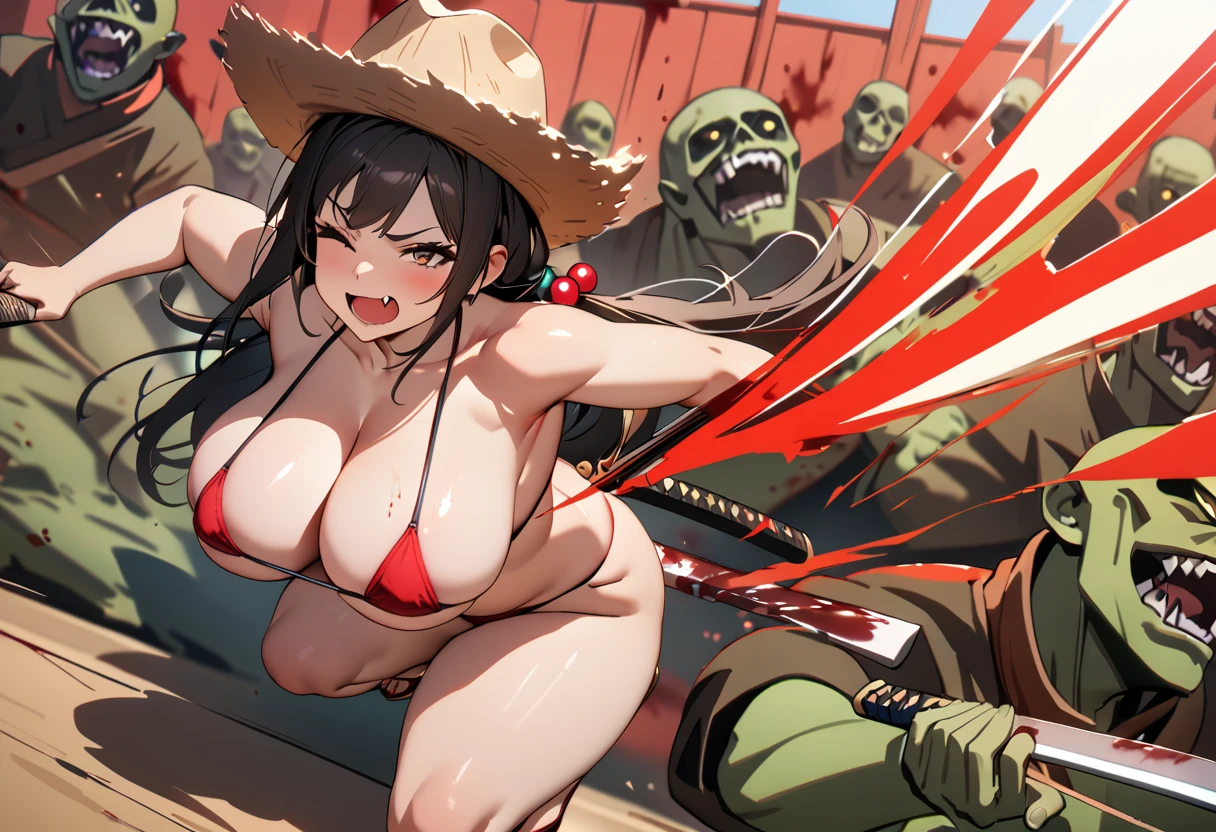 8k, super detail, best quality, 1girl, Full body portrait, Big Breasts, Plump, Micro Bikini, Cowboy hat, Straw sandals, black hair, hair bobbles, wince, long eyelashes, fang, drop shadow, ((Japanese sword, Slashing zombies, Zombie hordes, Blood splatter))